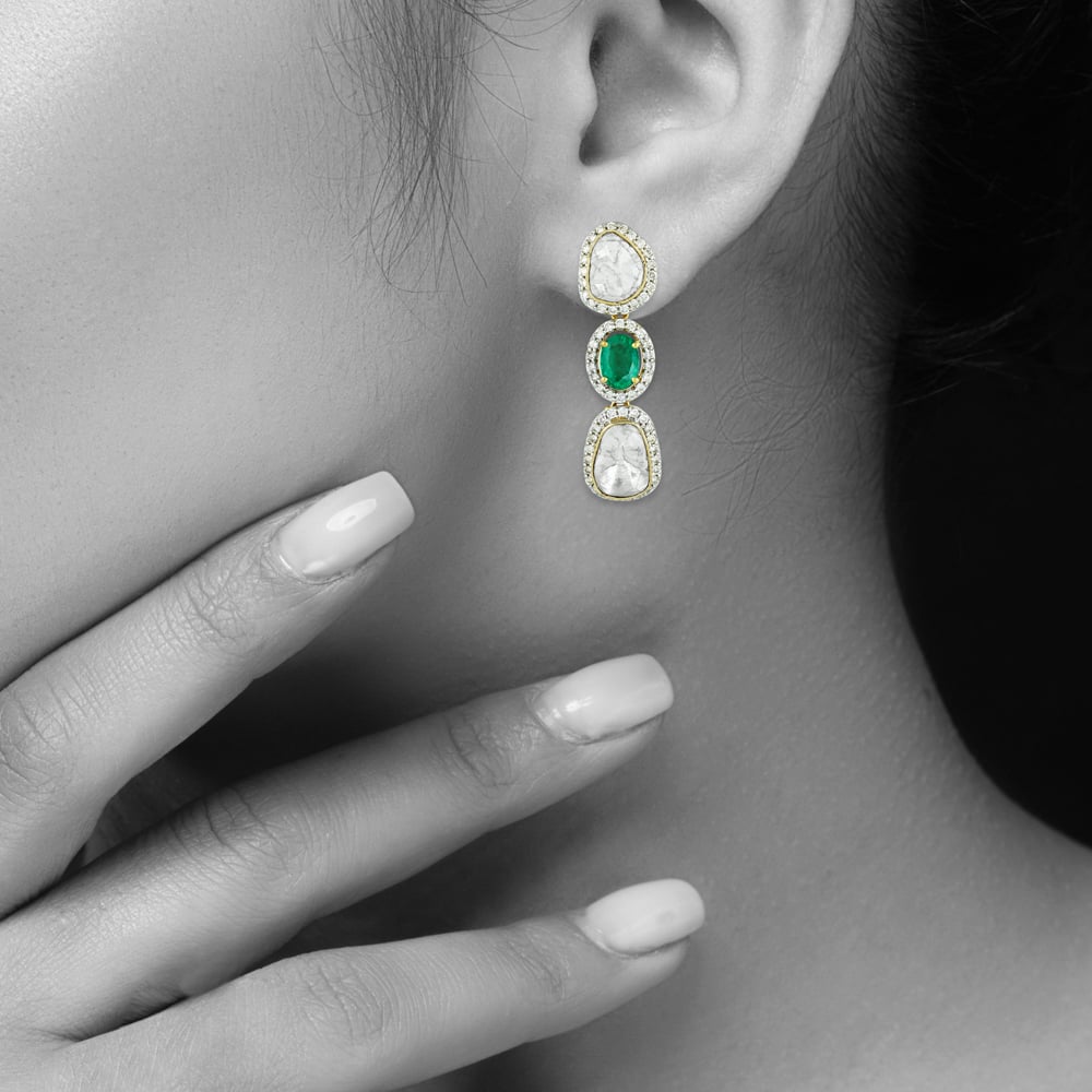 Oval Emerald Earrings with Polki & Diamond Halo Borders